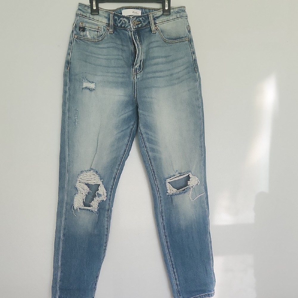 KanCan Blue Ankle Cropped Jeans with Distressed Details
